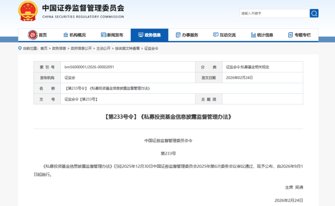 中国证监会发布《私募投资基金信息披露监督管理办法》